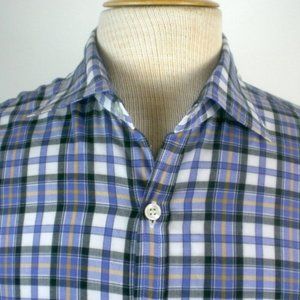 PIATTELLI blue gold plaid COTTON SHIRT designer classic M